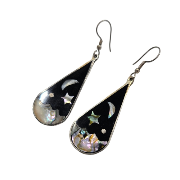 Vintage Mexican alpaca silver abalone inlaid scenic earrings - Picture 3 of 4